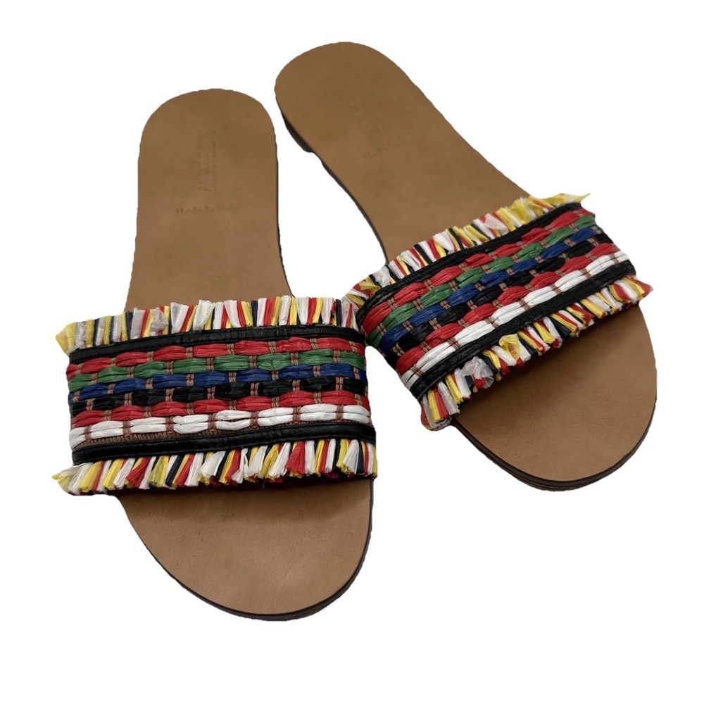 J. Crew Rainbow Raffia Slide Sandals Womens Size‎ 8 Rainbow Woven Flats Slides